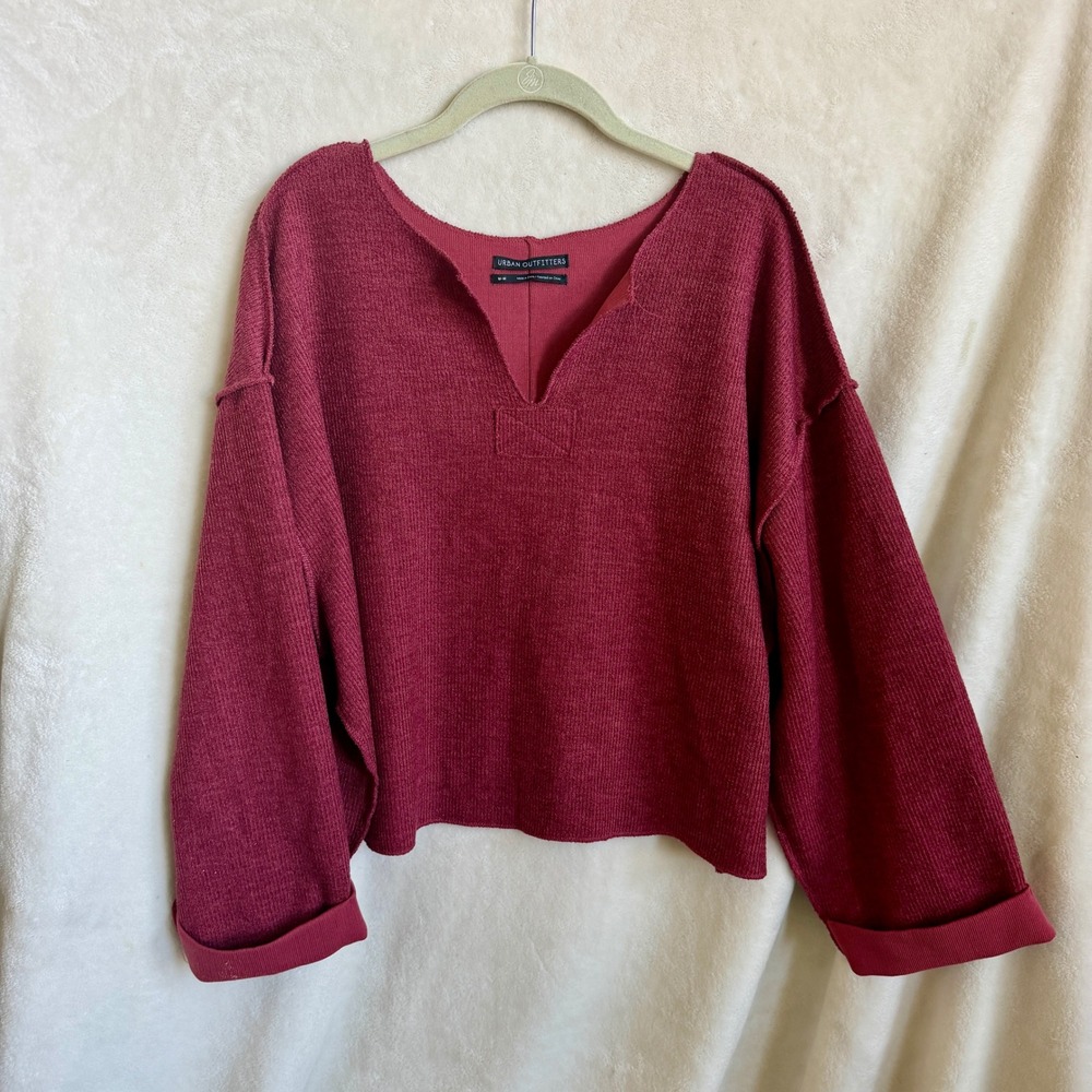 UO Jax Inside Out Ribbed Notch Neck Top Burgundy Size M Urban Outfitters Crop